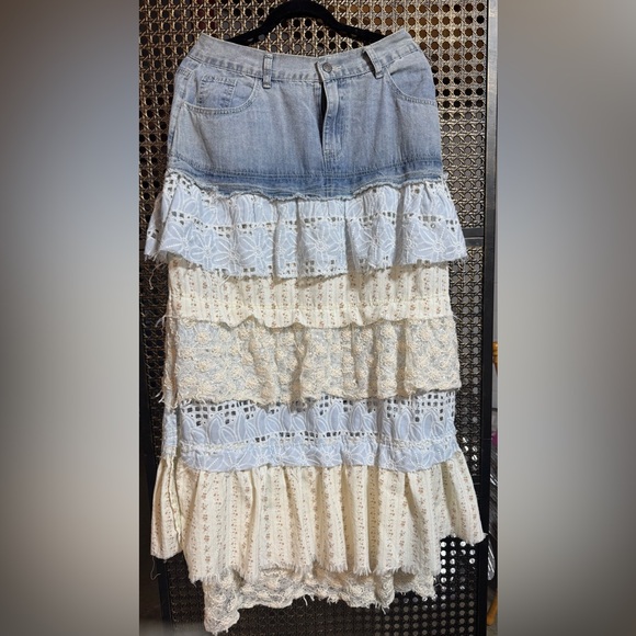 POL Dresses & Skirts - POL Denim Top Tiered Lace Maxi Skirt in Light Blue and Cream